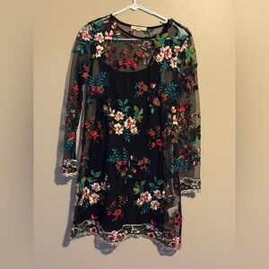 Antoinette Black Floral Garden Embroidered Mesh Overlay Dress with Slip Small